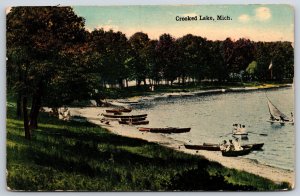 Crooked Lake Michigan~Panorama View Of Sail Boats From Shore~Vintage Postcard