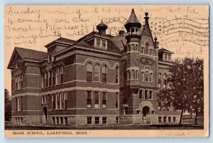 1910 Lakefield Minnesota Vintage Postcard High School Exterior Building Posted
