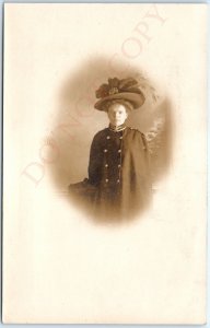 c1910s Victorian Woman Huge Feather Hat RPPC Coat Real Photo Artura Postcard A96