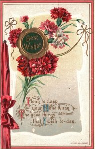 Vintage Postcard 1910's Best Wishes Good Things Greetings Beautiful Red Flowers
