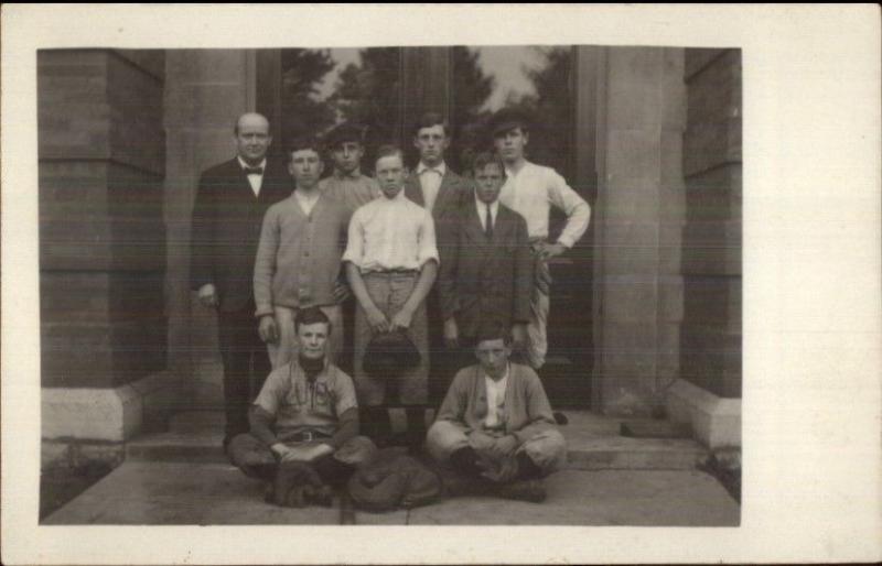 Young Kids Baseball Team w/ Coach Old Gloves & Ball c1910 Real Photo Postcard