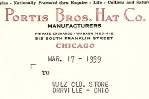 1939 PORTIS BROS HAT CO.  515 S. FRANKLIN ST CHICAGO IL BILLHEAD INVOICE Z1198