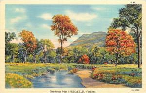 Springfield Vermont~Autumn Trees by Stream~Mountain~1933 Linen Postcard