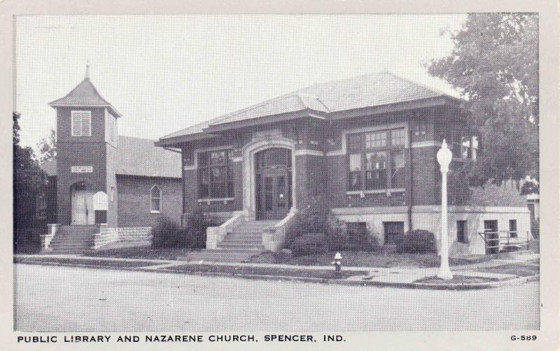 Public Library and Nazarene Church, Spender Indiana Photo Vintage Postcard F13