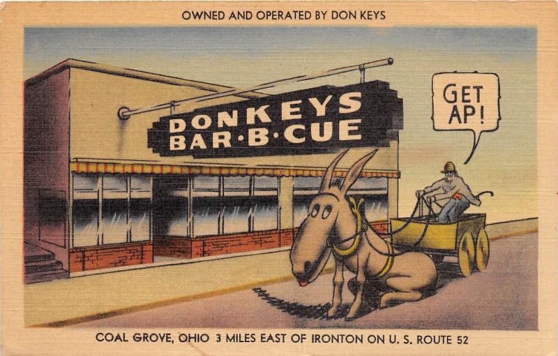 E32/ Coal Grove Ironton Ohio Postcard Linen Roadside Donkeys Barbeque Restaurant