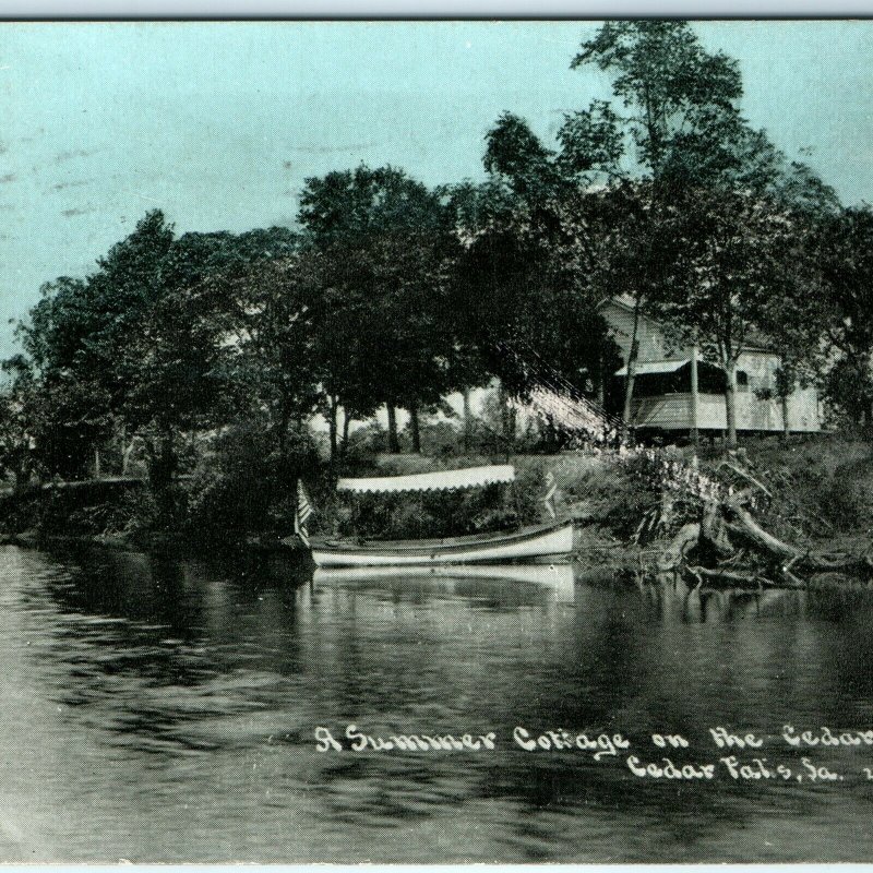1909 Cedar Falls, IA Summer Cottage & Boat Litho Photo Postcard Cedar River A38