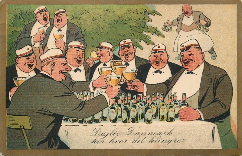 Danish types men cheers alcohol caricature comic postcard 1918 Denmark