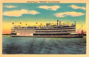 Linen Era Steamer,President,All Steel, On The Mississippi River,Old Postcard