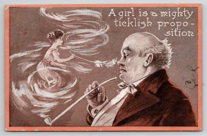 Man Smoking Pipe Fantasy Woman Ticklish Propposition Appears Smoke Postcard S23