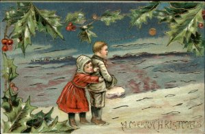 Christmas Snowy Scene Golden Moon Children Gilt Embossed Holly Vintage Postcard