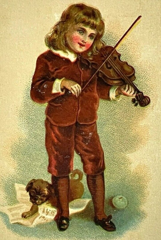 1880s Boston 99 Cent Store Child Playing Violin Pug Dog LF Walters Bethlehem PA