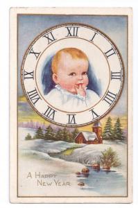 Baby New Year in Clock Vintage Whitney Postcard