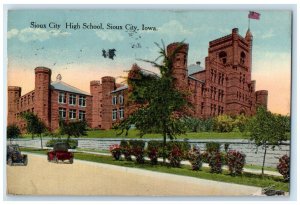 1915 Sioux City High School Building Cars Scene Sioux City Iowa IA Postcard