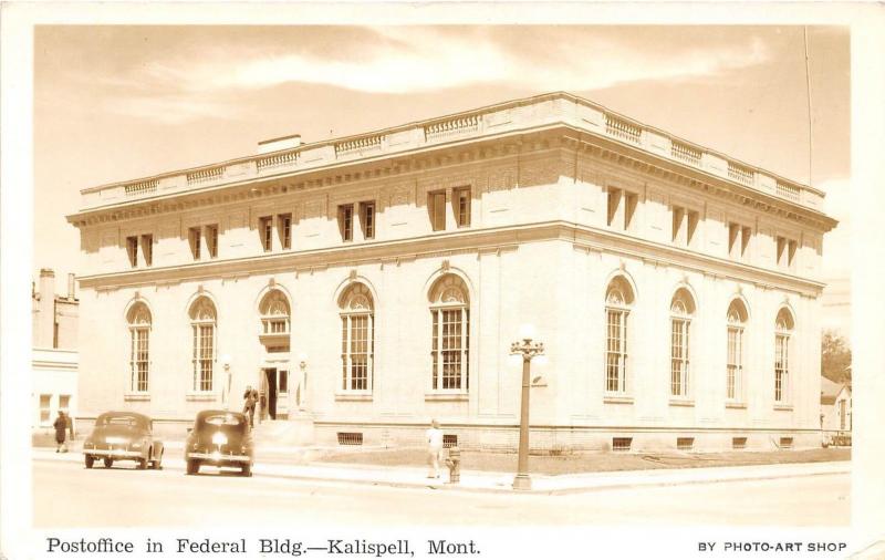 E35/ Kalispell Montana Mt Real Photo RPPC Postcard c40s Post Office Building