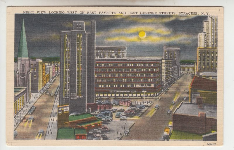 P2034 old postcard old cars full moon night feyette & genesse st,s syracuse ny