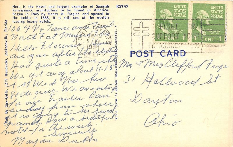 St. Augustine Florida 1956 Postcard Ponce De Leon Hotel