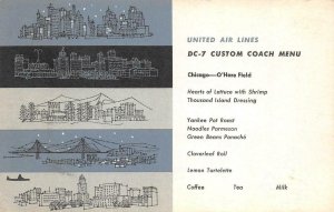 DC-7 Custom Coach Menu UNITED AIR LINES O'Hare Field Chicago Vintage Postcard