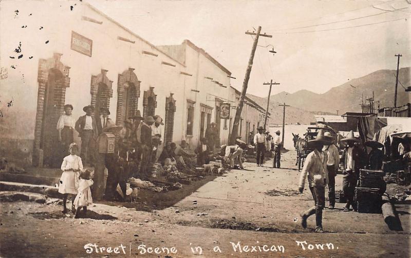 Street Scene in a Mexican Town, Mexico, Early Real Photo Postcard, Unused