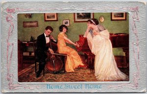 Home Sweet Home Violen Man Women In Long Dress Suit Playing Piano Postcard