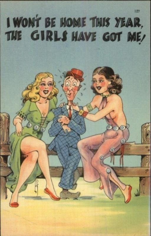 Sexy Large Breasted Women Flirting w/ Guy Linen Comic Postcard