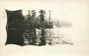 RPPC Masked VIgnette Postcard Man in Canoe, Chatcolet Lake ID Benewah Co. 1920s