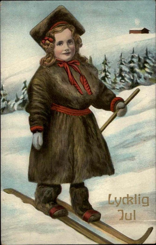 Lycklig Jul Christmas Scandinavian Girl in Fur on Skis Skiing c1910 Postcard