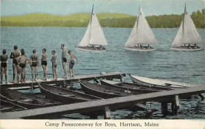 Vintage Postcard Sailboats and kids Camp Passaconaway For Boys Harrison Maine