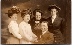 Four Ladies and a Man Fancy Hat Hairdo Formal Attires RPPC Postcard