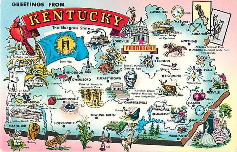 Greetings from Kentucky The Blue Grass State Map Postcard KY