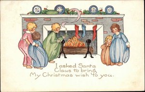 Whitney Christmas Santa Claus Children at Fireplace Vintage Postcard