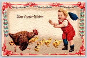 Easter~Lil Boy Terrified Of Attacking Mother Hen~Chicks~Egg Border~1909 Langner