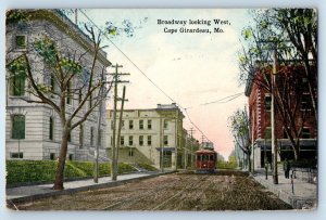 1916 Cape Girardeau Missouri MO Vintage Postcard Broadway Looking West Streetcar