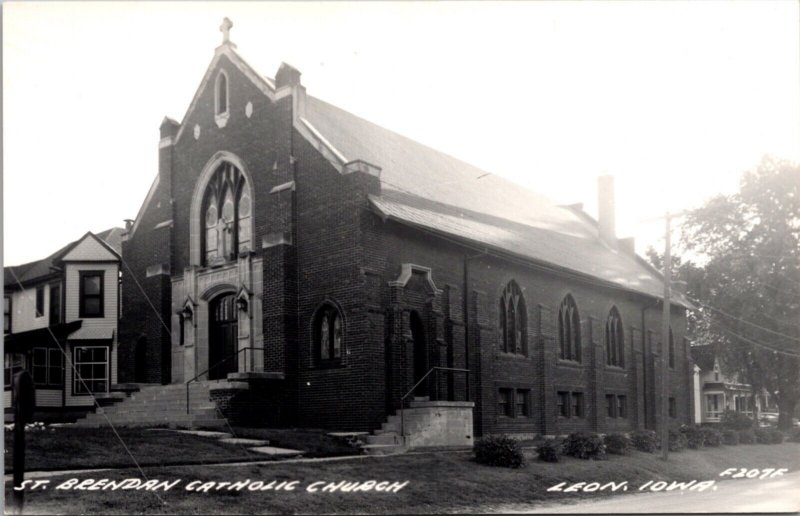 Real Photo Postcard St. Brendan Catholic Church in Leon, Iowa