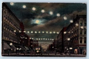 Grand Rapids Michigan MI Postcard Canal Street Night Moonlight Buildings c1910