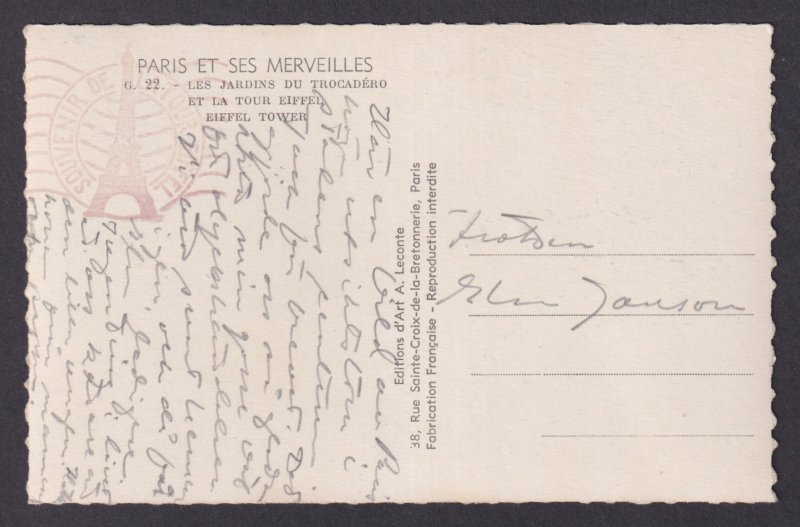 FRANCE, Postcard RPPC, Paris, Tour Eiffel, Special cancellation