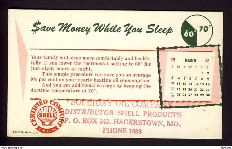 Hagerstown, MD USA - SHELL OIL logo - heating oil, $ave money 1957 March