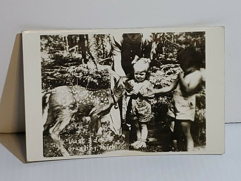 Vintage Postcard Just 3 Dears Grayling Michigan RPPC children with fawn deer 652