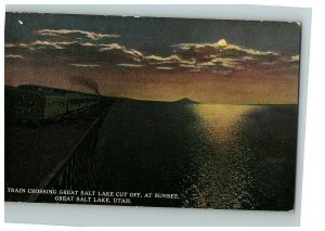 1907-15 Postcard Train Crossing Great Salt Lake Cut Off At Sunset Utah Un Posted