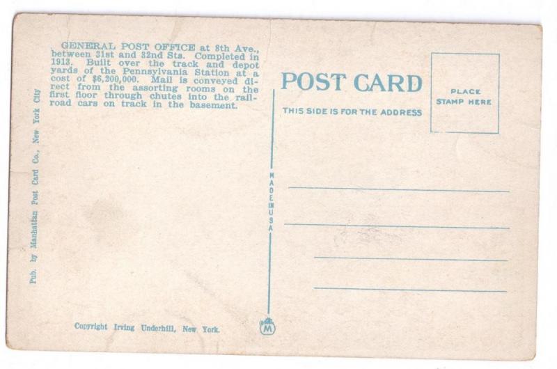 General Post Office New York City NY Vintage Postcard