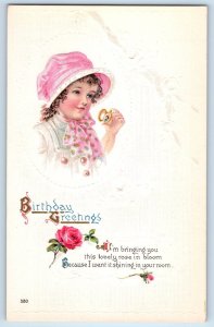 c1910s Birthday Greetings Child Girl With Pink Bonnet Necklace Embossed Postcard