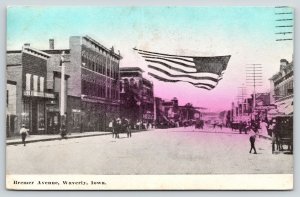 Waverly IA~Bremer Avenue Shops~L&W Shoe Store~Flag Stretched Across Street~1912