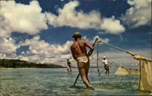 Tumon Bay Guam Pan American Ad Indigenous Men Fishing Vintage Postcard