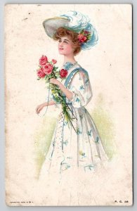 Pretty Lady Blue and White Dress Rose Bouquet Postcard G28