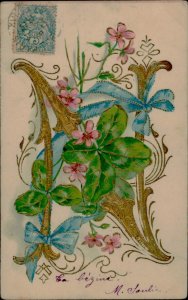 B578 Embossed floral alphabet letter N fantasy vintage greetings postcard 1904