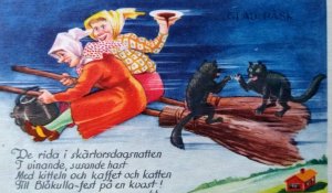 Easter Witches Postcard Fantasy Glad Pask On Broom Black Cats Fighting Sweden