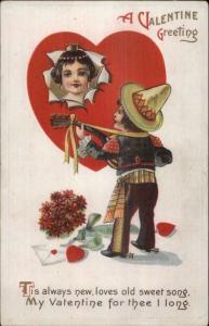 Valentine - Little Boy Serenades Girl in Heart c1910 Postcard