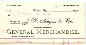 1904 RAWLINS WYOMING J.W. HUGUS & CO GENERAL MERCHANDISE INVOICE Z856