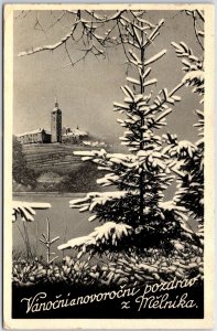 VINTAGE POSTCARD CHRISTMAS & NEW YEAR GREETINGS FROM MELNIK CZECKOSLOVAKIA 1935