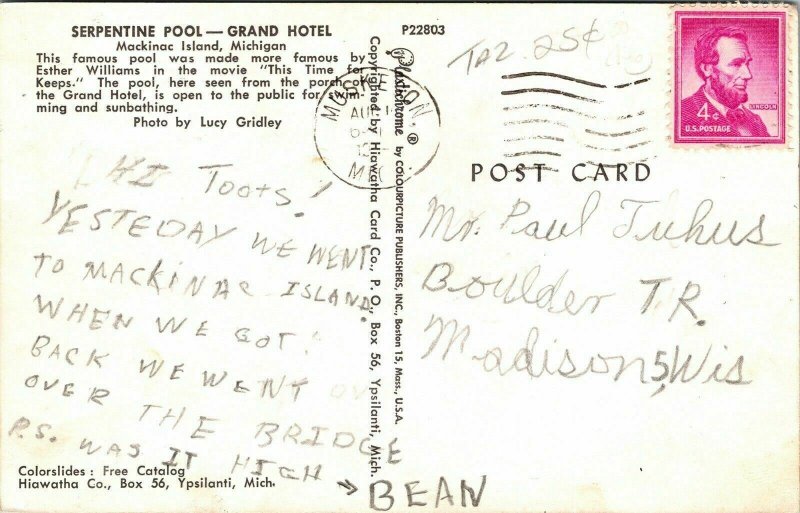 Serpentine Pool Grand Hotel Mackinac Island Michigan MI VTG Postcard PM WOB Note 