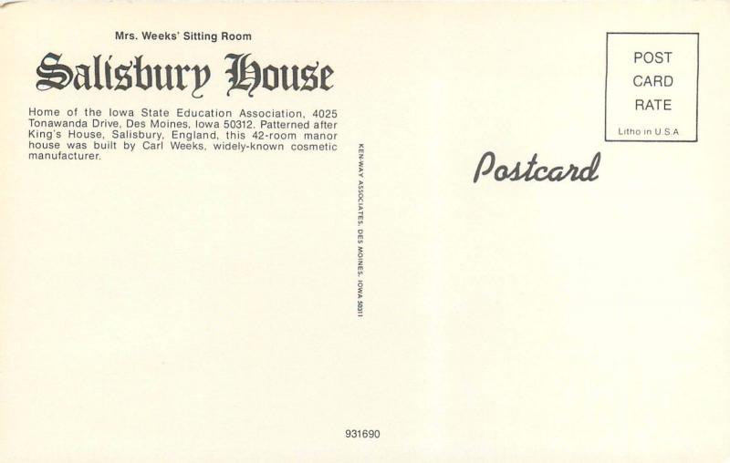 Salisbury House Des Moines Iowa State Education Association Carl Weeks Postcard